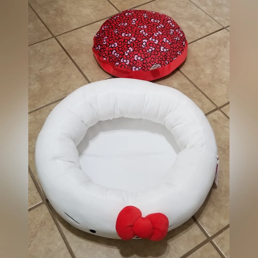 Sanrio Hello Kitty Round White & Red Plush Pet Bed with Removable Pillow